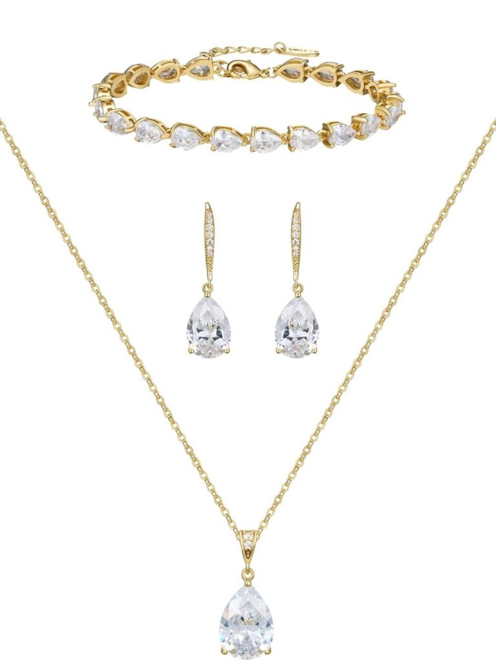 Bridal Jewelry Set for Wedding, Cubic Zirconia Necklace Dangle Drop Earrings Bra